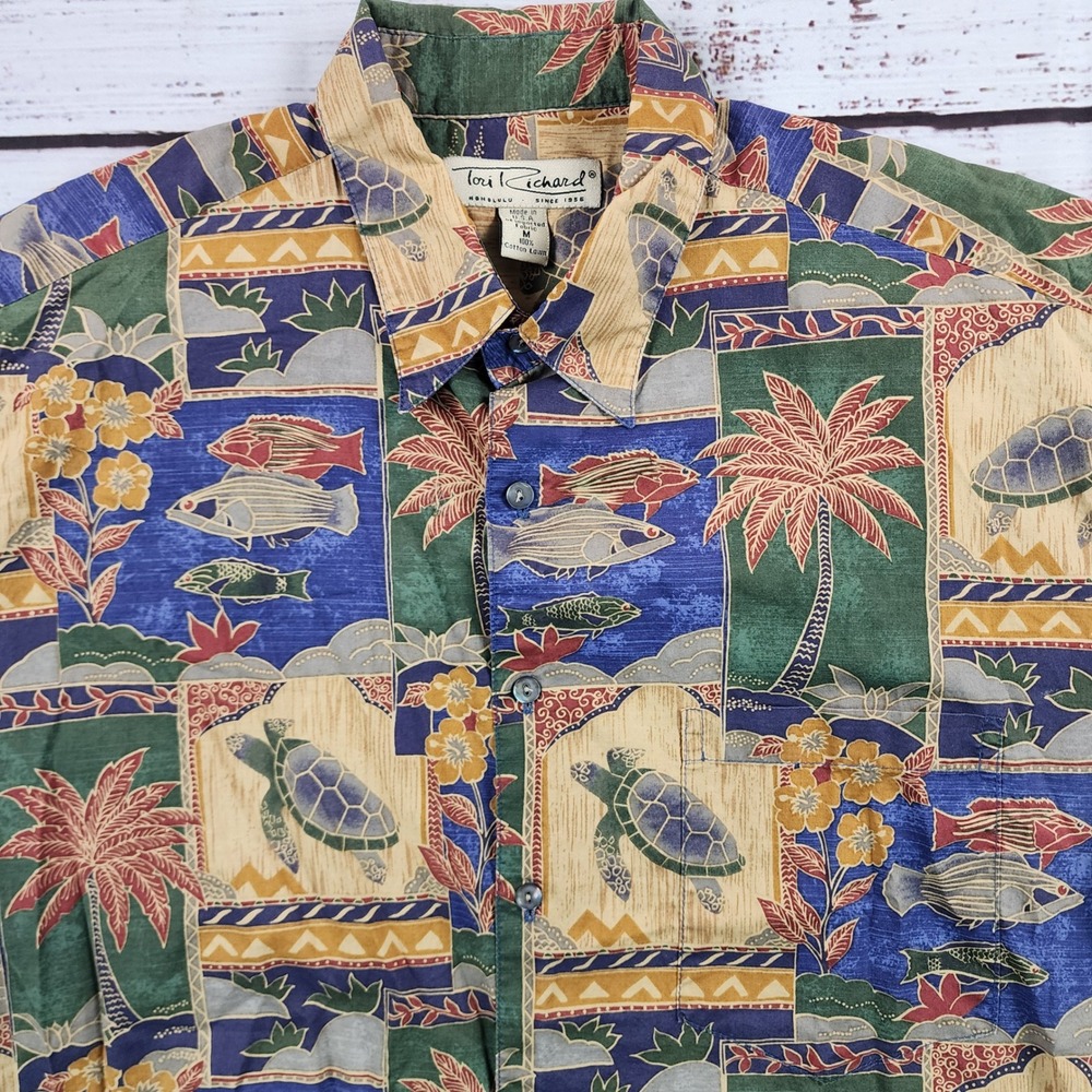 Vtg Tori Richard Marquises Cotton Lawn Hawaiian Shirt Sea Turtle Fish Men M